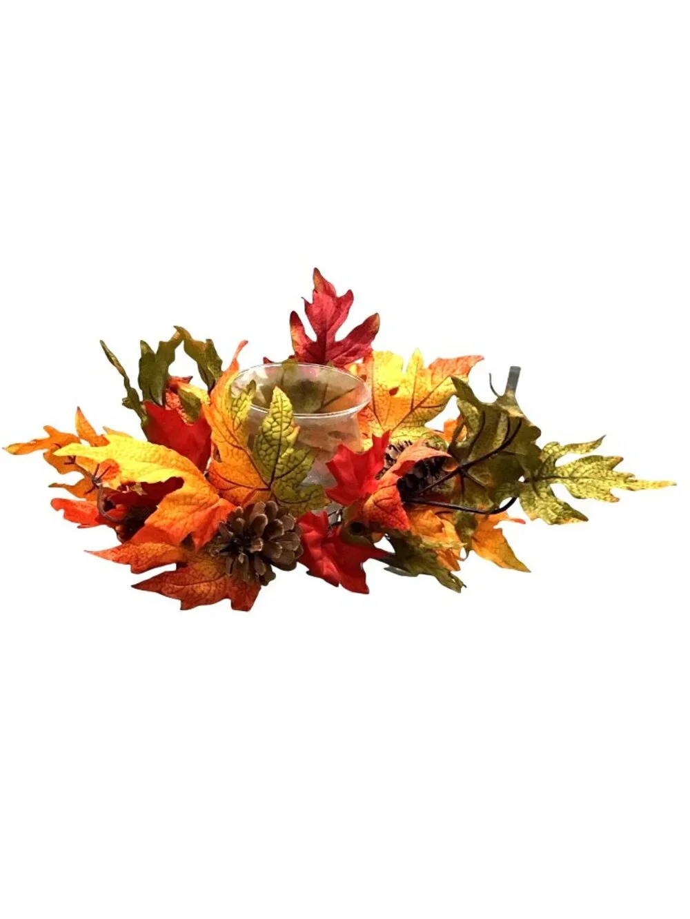 THANKSGIVING MAPLE LEAF ARRANGEMENT WITH CENTER GLASS VASE CANDLE HOLDER